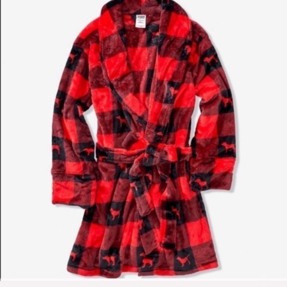 Victoria’s Secret PINK Red Buffalo Plaid Dog Logo Plush Bath Robe Size M/L - Picture 3 of 5